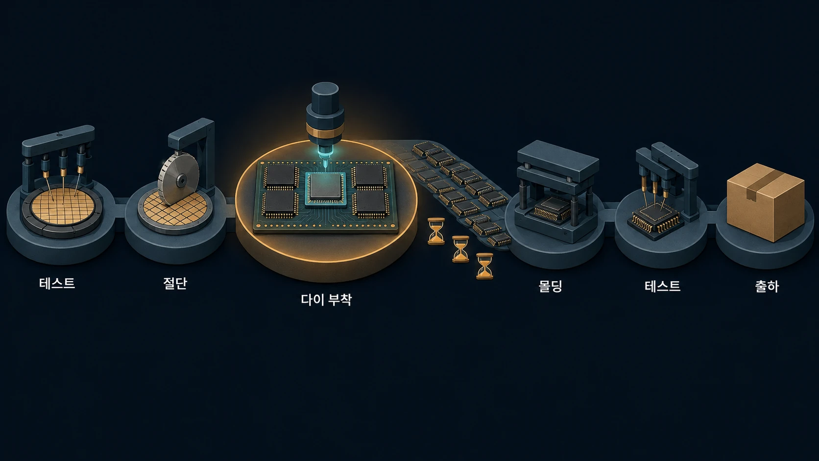 AI 가속기 후공정의 주요 구간을 좌에서 우로 보여주는 파이프라인 개념도 — 다이 어태치 구간이 병목으로 강조되어 있음
