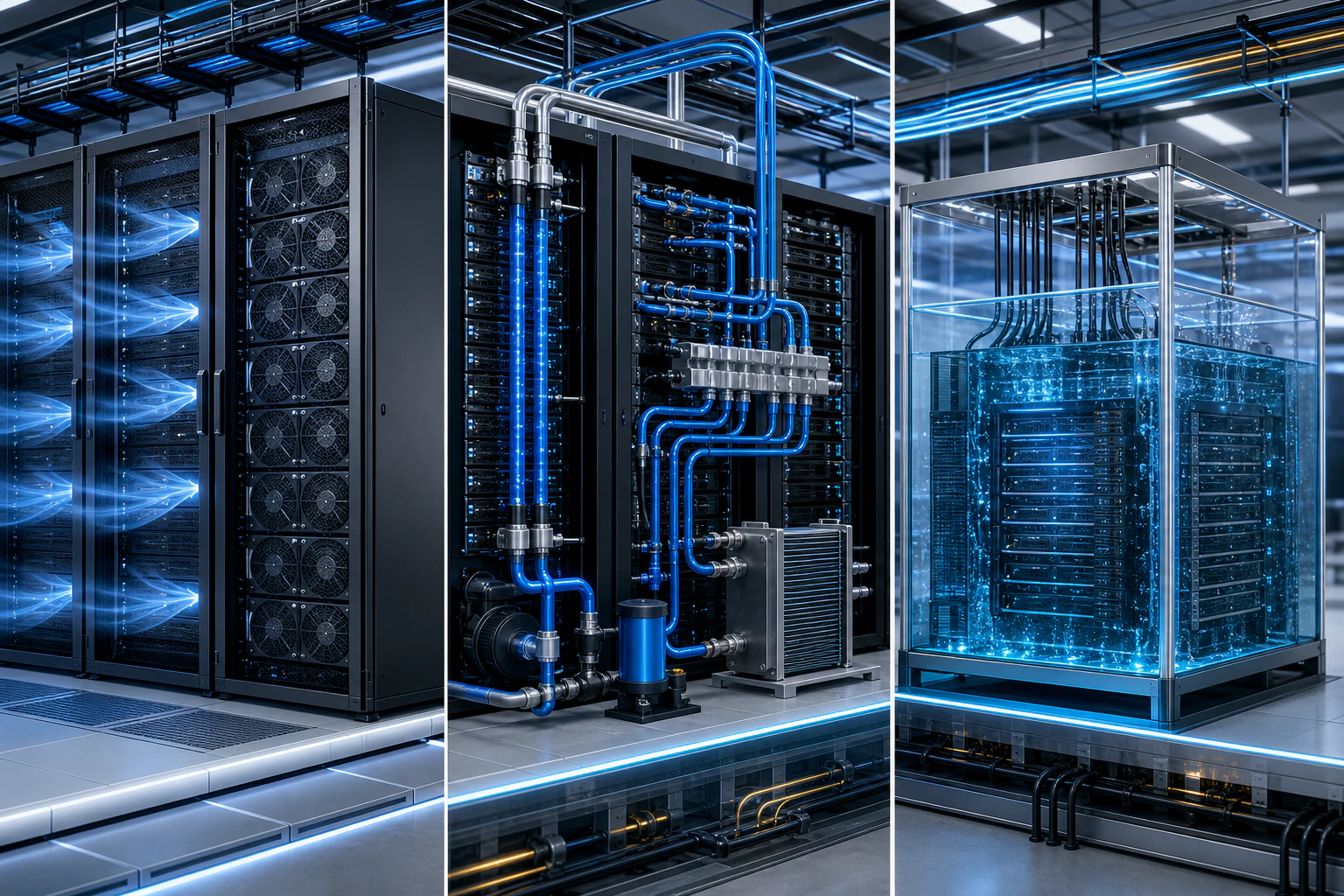 공랭, 수랭, 액침냉각 개념이 고밀도 GPU 서버 랙 주변에 표현된 데이터센터 냉각 기술 이미지