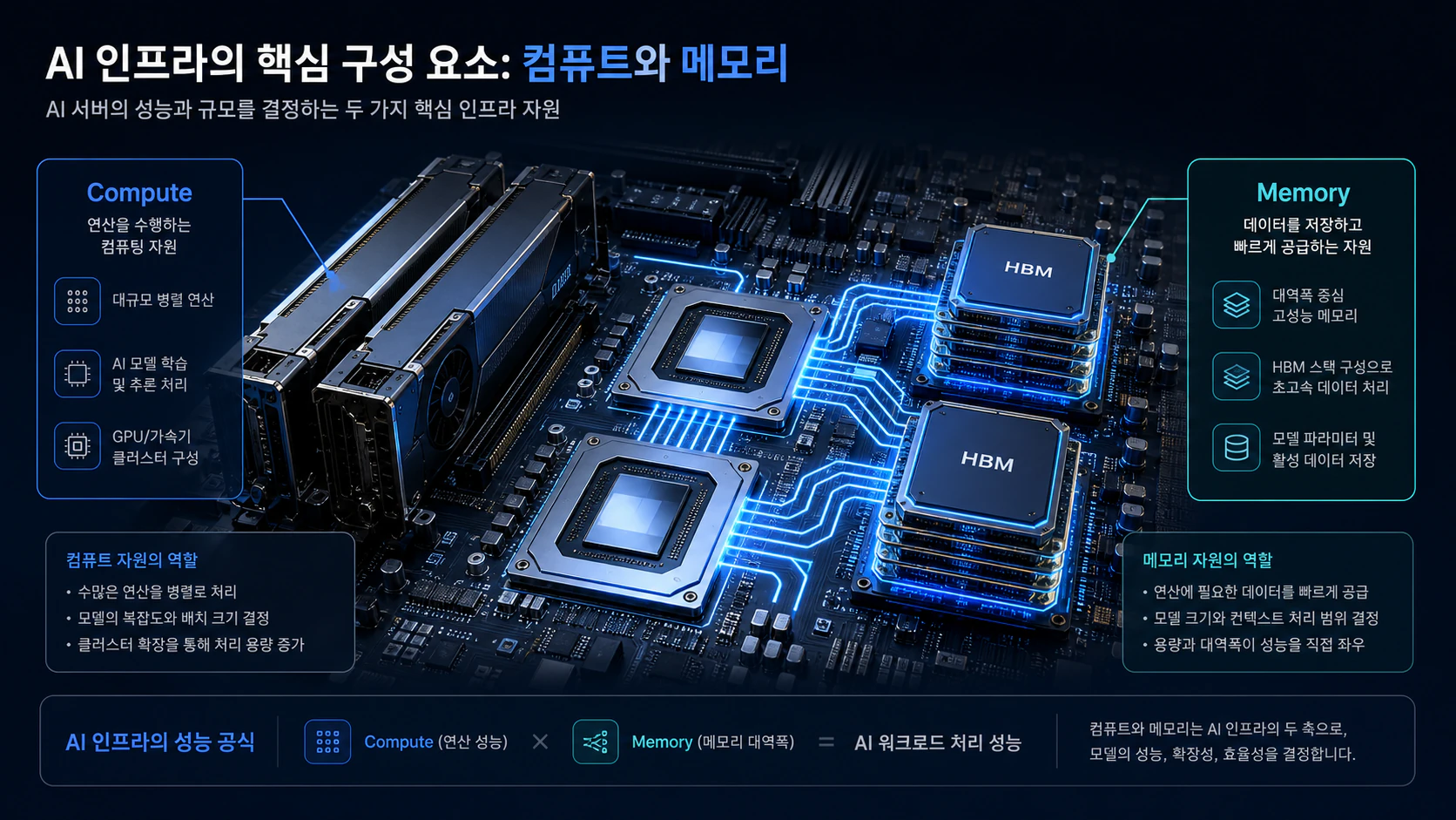 AI 인프라의 핵심 구성 요소인 컴퓨트와 메모리를 GPU, HBM, 데이터 통로로 설명한 기술 이미지