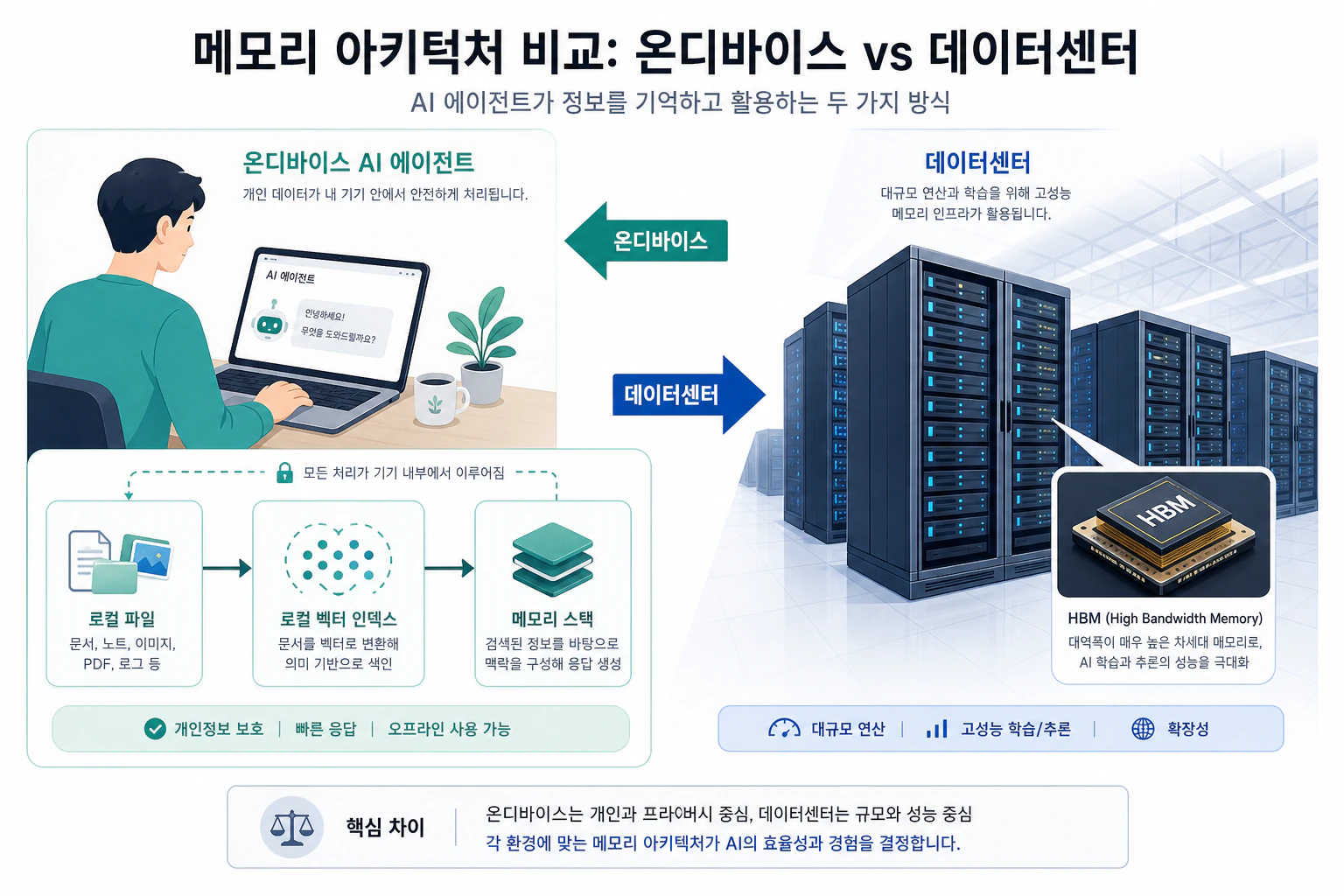 로컬 AI와 데이터센터 AI의 메모리 구조를 병렬로 본 그림