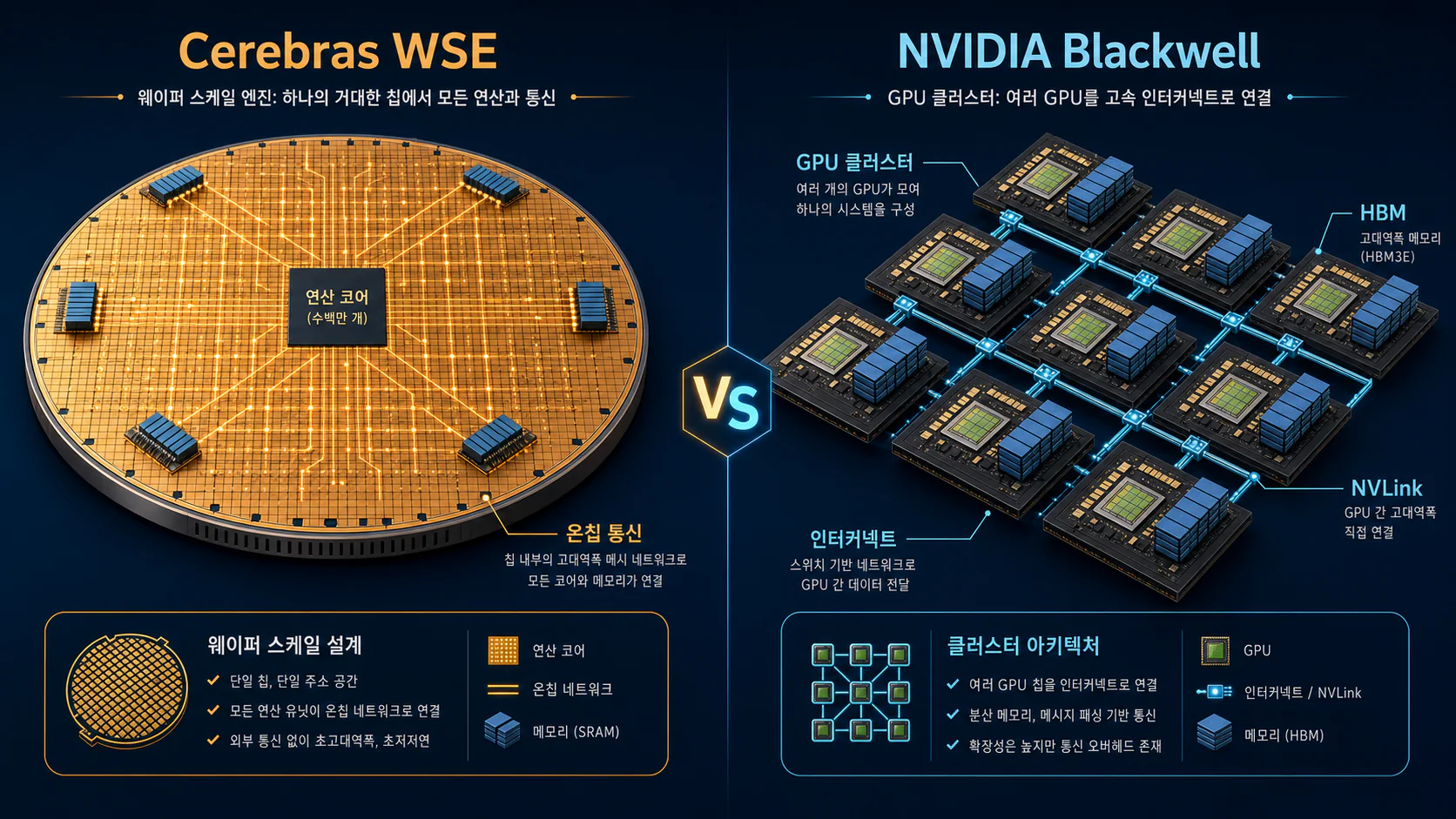 Cerebras WSE와 NVIDIA Blackwell 설계 철학을 대비한 썸네일