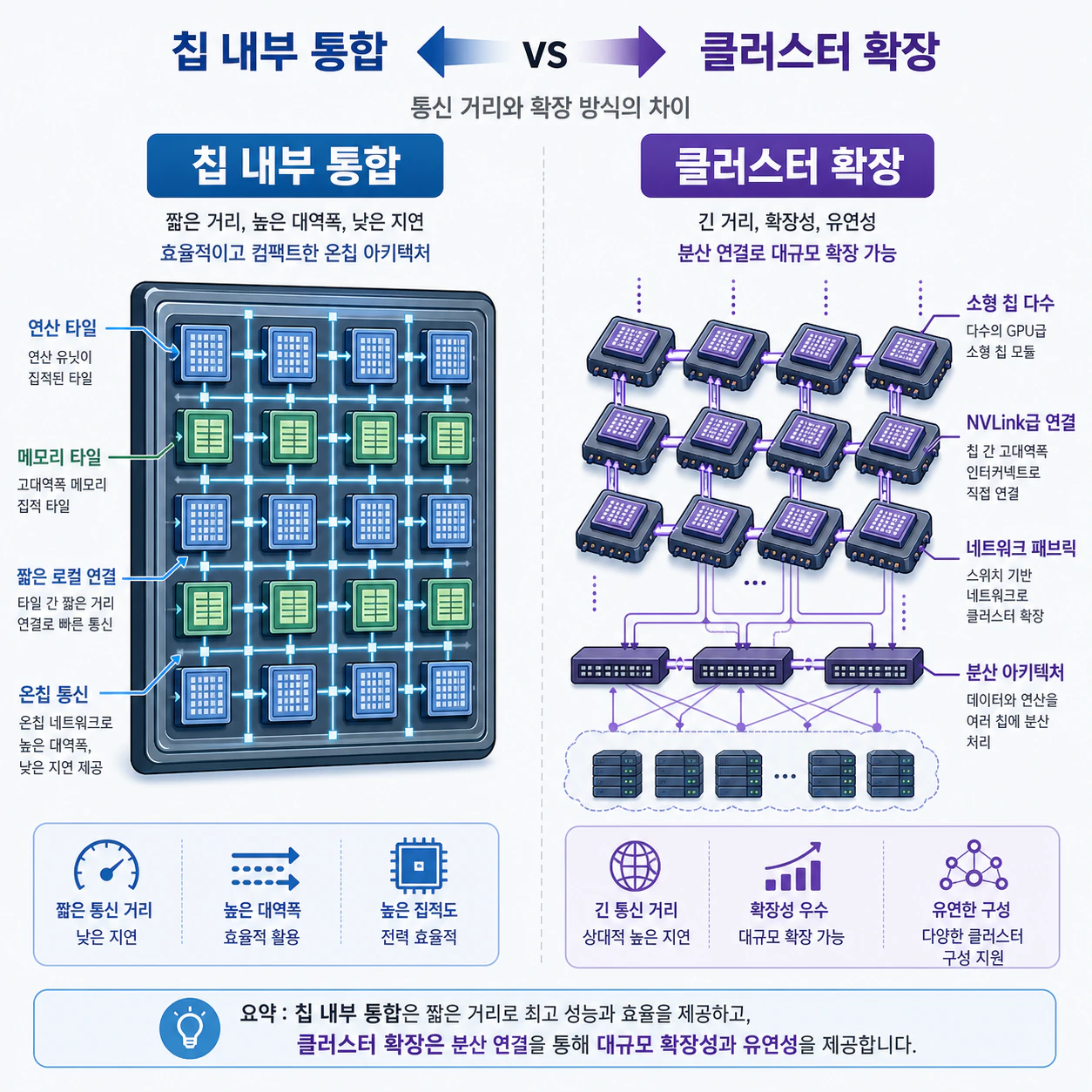 칩 내부 통합형 구조 vs 다중 GPU 분산 구조를 한눈에 비교한 본문 인포그래픽