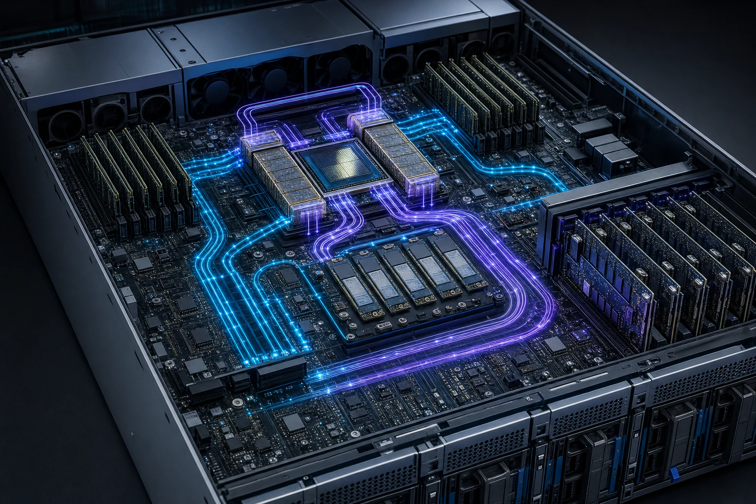 GPU와 HBM, 시스템 DDR, NVMe SSD, CXL 메모리 확장 경로를 표현한 AI 서버 내부 구조