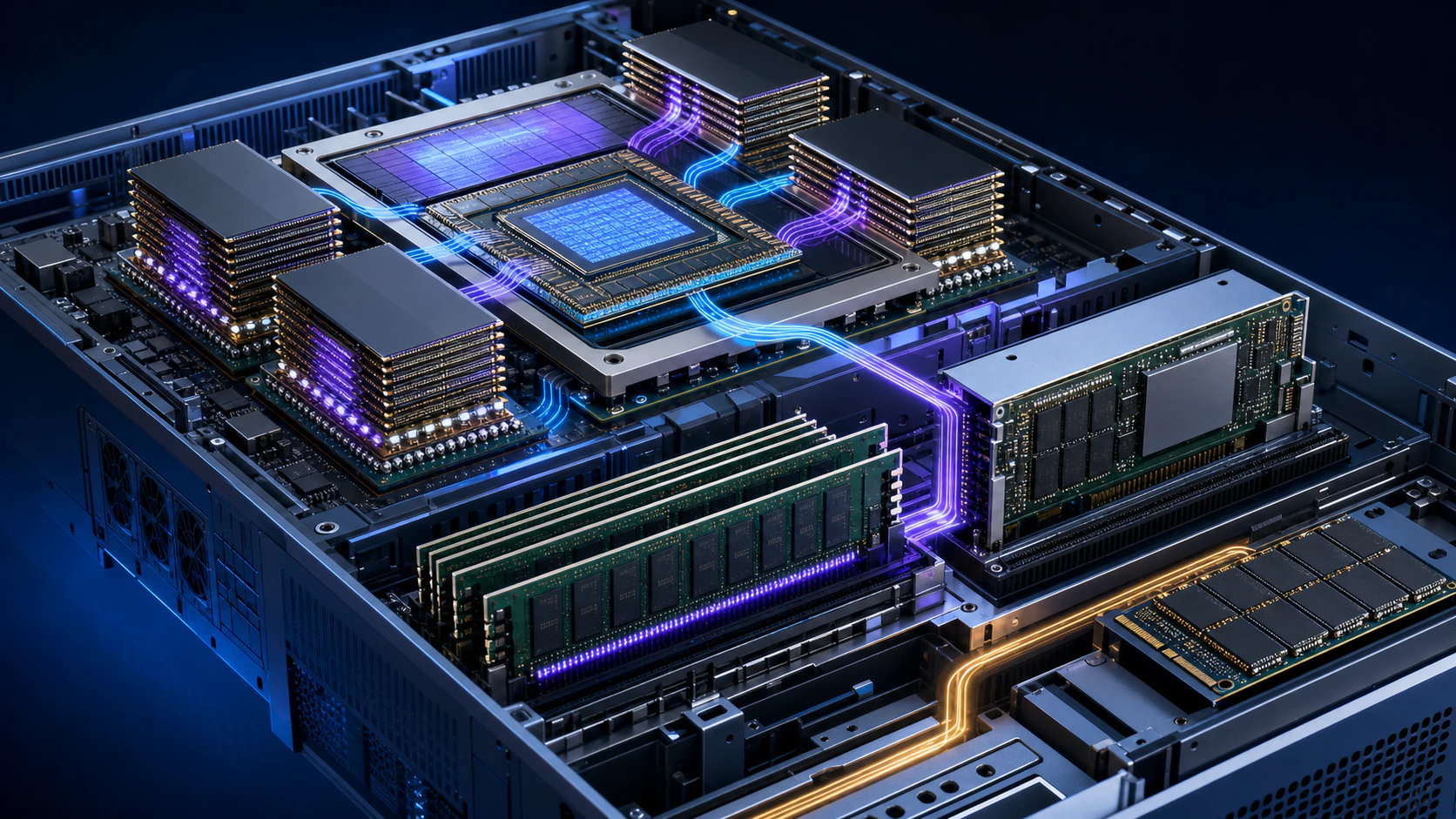 GPU·TPU 가속기, 온칩 SRAM, HBM, 서버 D램, CXL, NVMe SSD가 연결되는 AI 추론 메모리 계층
