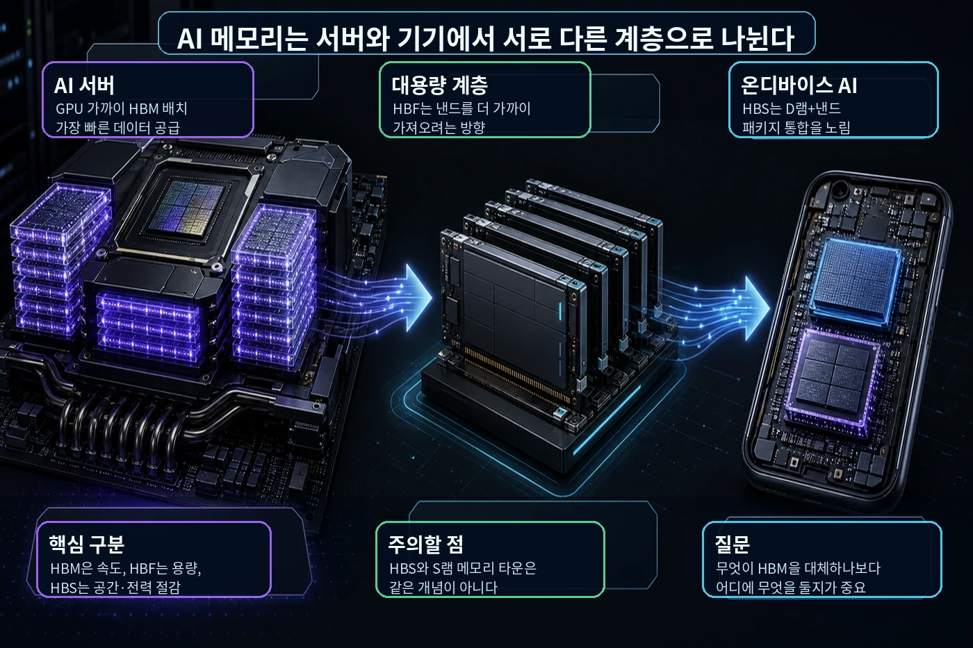AI 서버의 HBM, 대용량 HBF 계층, 온디바이스 AI의 HBS 패키지 역할을 구분한 메모리 계층 흐름도