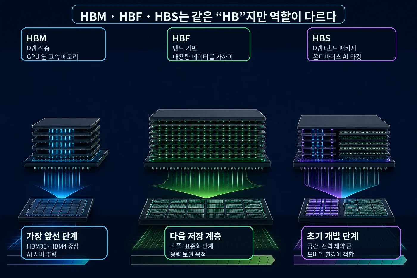 HBM, HBF, HBS를 D램 적층, 낸드 기반 대용량 계층, D램+낸드 패키지로 구분한 인포그래픽
