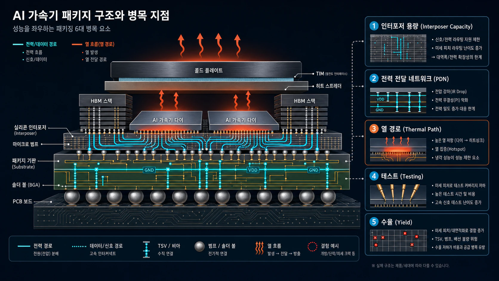 인터포저, 전력 전달, 열 경로, 테스트, 수율 등 AI 가속기 패키징 병목 요소를 설명한 단면 구조도