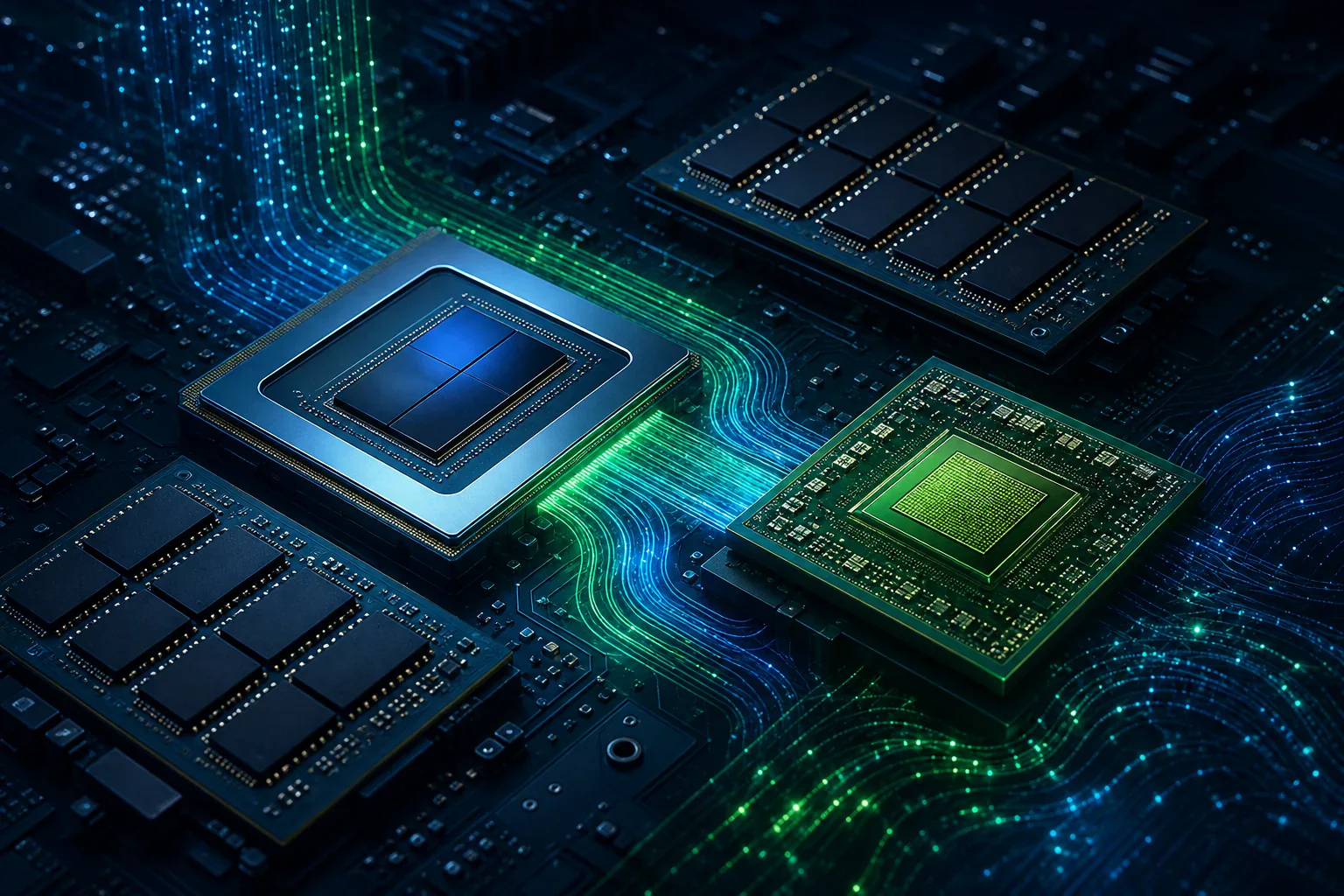 x86 CPU 타일, RTX GPU 칩렛, LPDDR 메모리 경로가 하나의 AI PC SoC 플랫폼으로 연결되는 추상 반도체 이미지