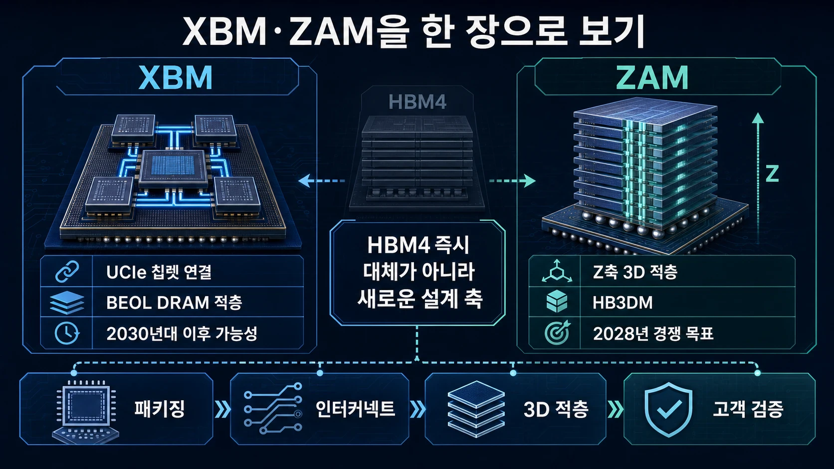 XBM과 ZAM을 HBM4 즉시 대체가 아니라 새로운 설계 축으로 비교한 한글 인포그래픽