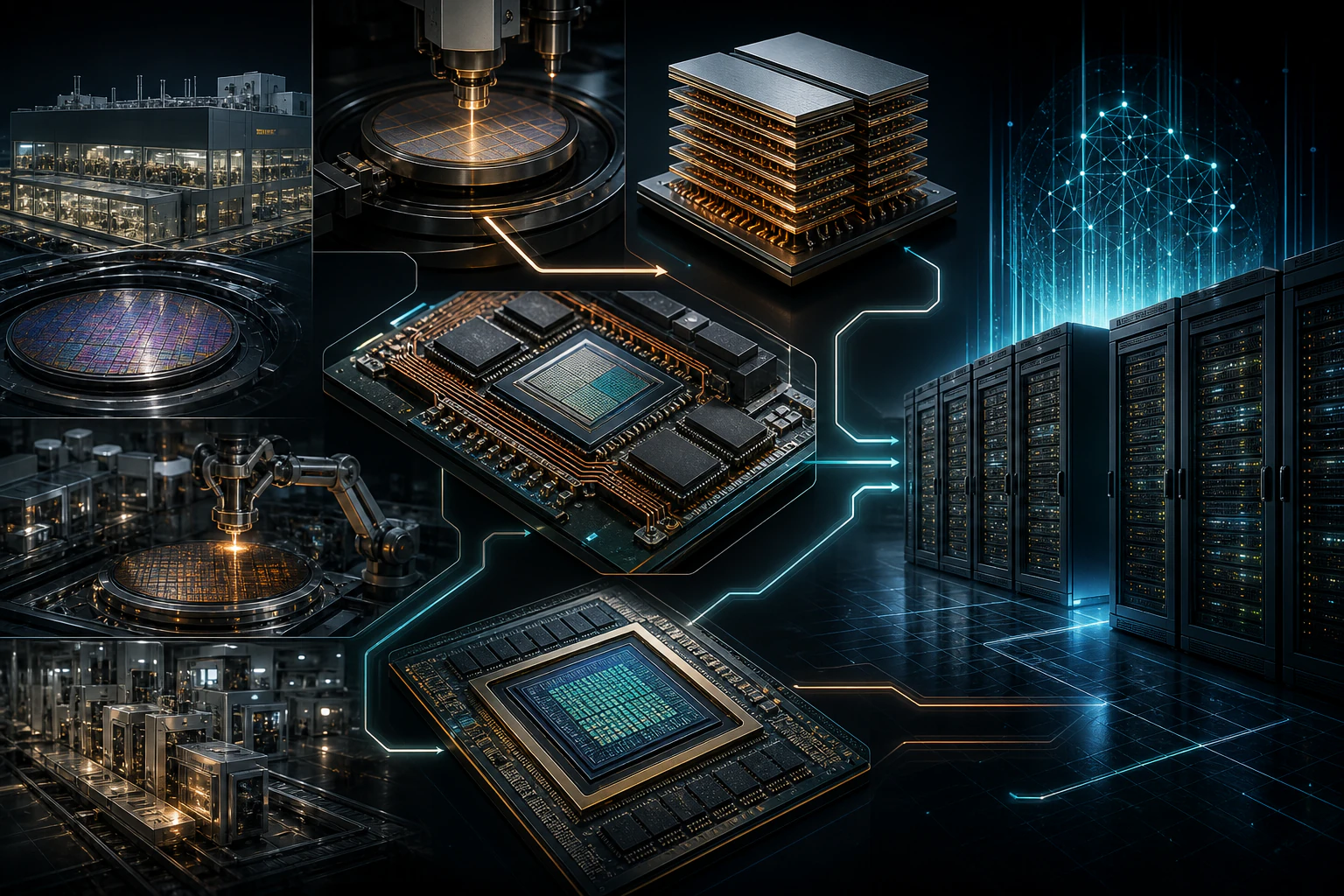 반도체 팹, 웨이퍼, HBM 적층 메모리, 첨단 패키징, AI 가속기와 데이터센터가 공급망처럼 연결된 이미지