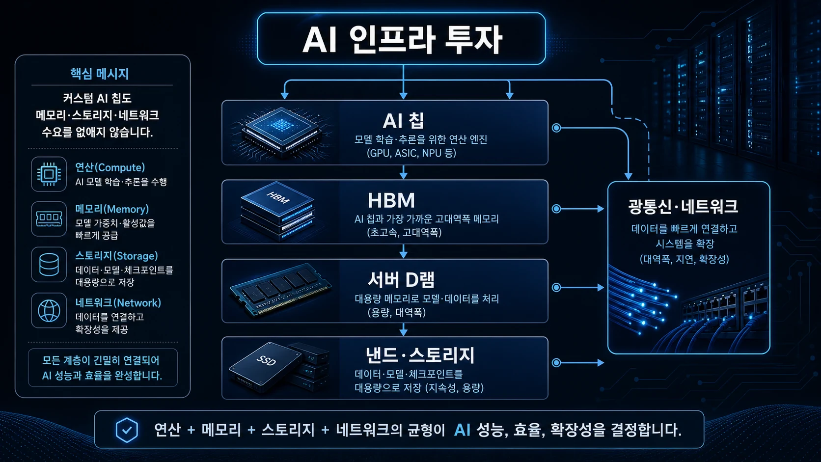 AI 인프라 투자에서 AI 칩, HBM, 서버 D램, 낸드 스토리지, 광통신이 함께 필요하다는 한글 도식