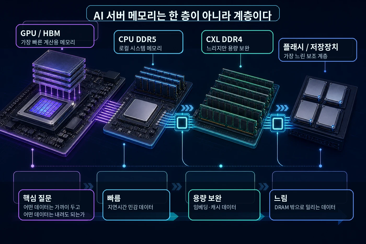 GPU HBM, CPU DDR5, CXL DDR4, 플래시 저장장치로 이어지는 AI 서버 메모리 계층 구조