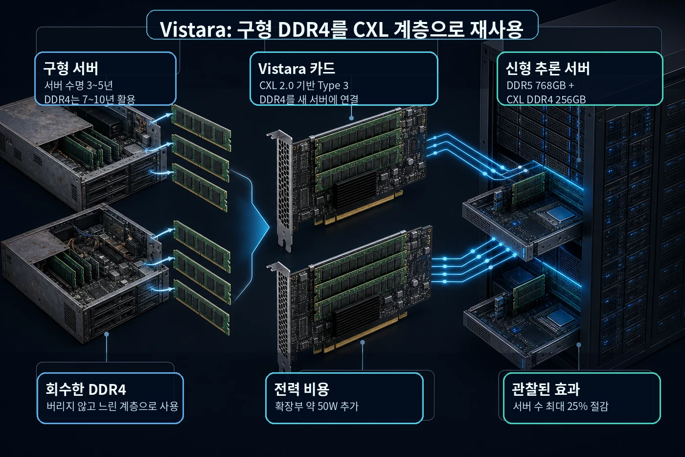 구형 서버의 DDR4 메모리를 Vistara CXL 카드로 회수해 신형 추론 서버의 보조 메모리 계층으로 연결하는 흐름