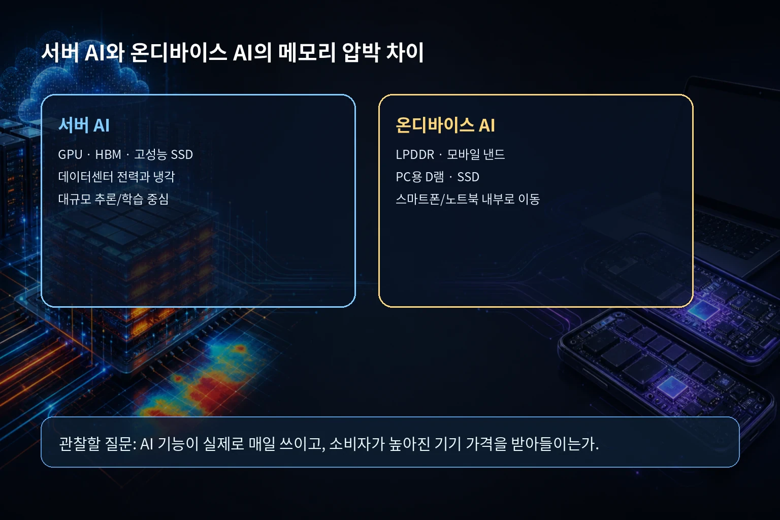 서버 AI와 온디바이스 AI가 각각 다른 메모리 계층을 압박하는 흐름을 비교한 한글 인포그래픽