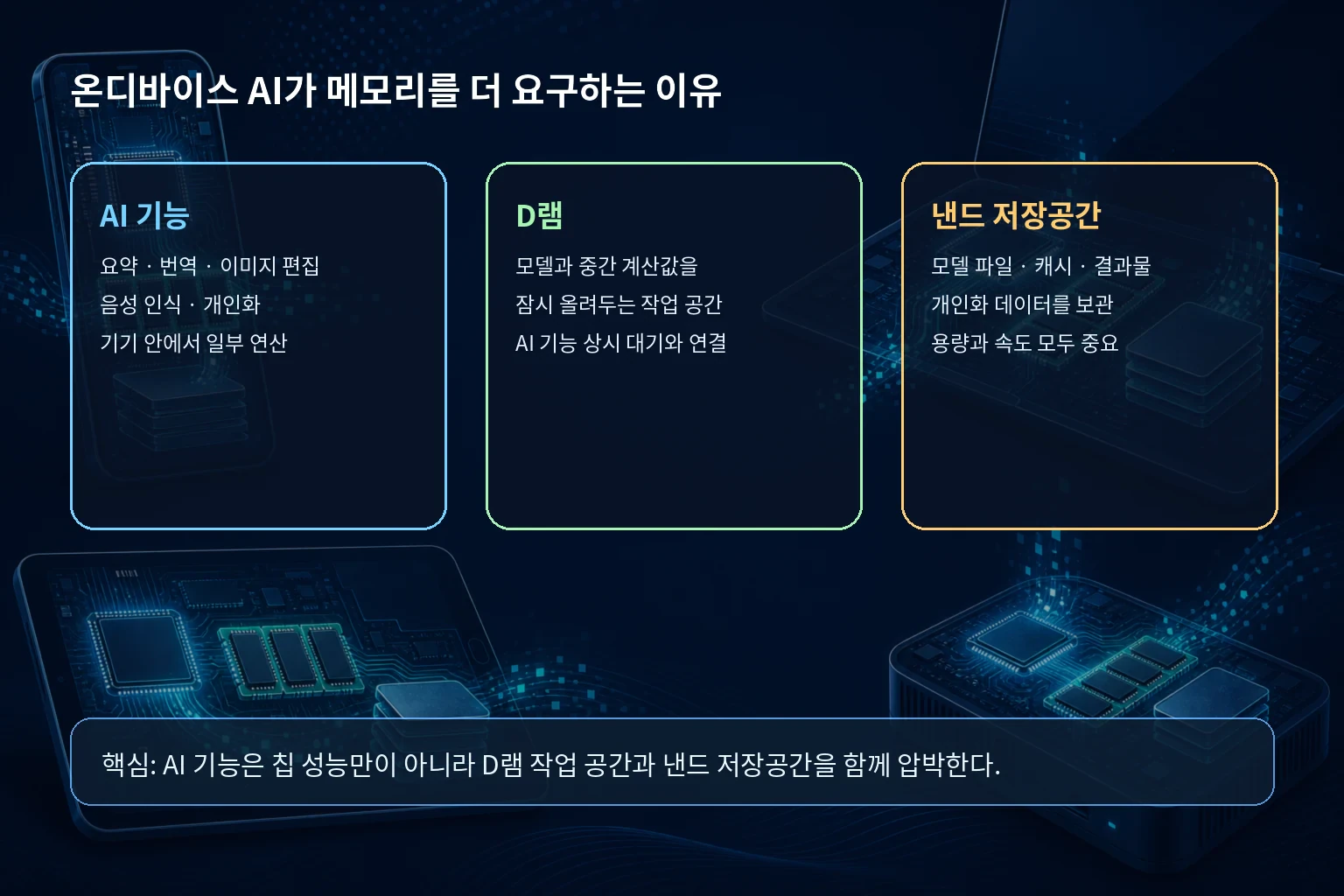 온디바이스 AI 기능, D램 작업 공간, 낸드 저장공간의 관계를 설명한 한글 인포그래픽