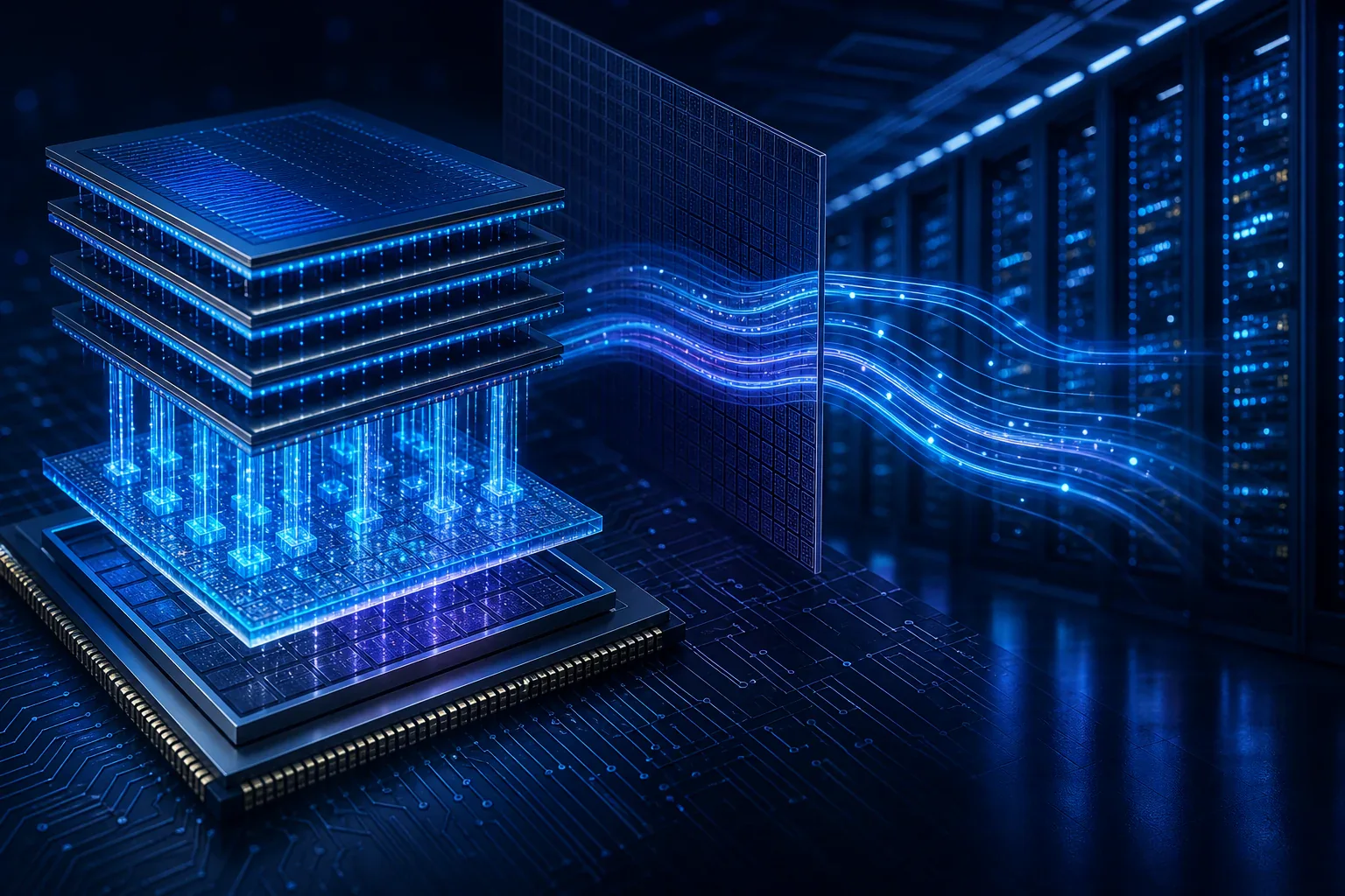 AI 가속기 칩과 적층 DRAM, 근접 메모리 컴퓨팅 구조, 데이터센터 배경을 함께 표현한 퀄컴 HBC 히어로 이미지