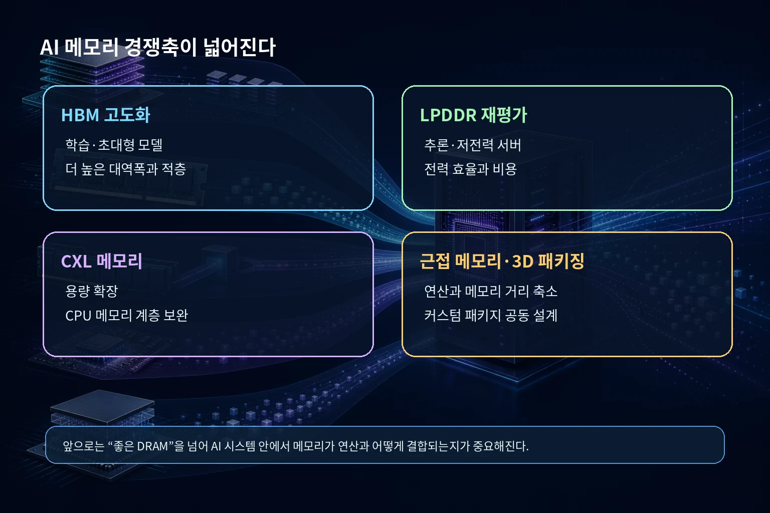 HBM, LPDDR, CXL 메모리, 근접 메모리와 3D 패키징으로 넓어지는 AI 메모리 경쟁축을 정리한 한글 인포그래픽