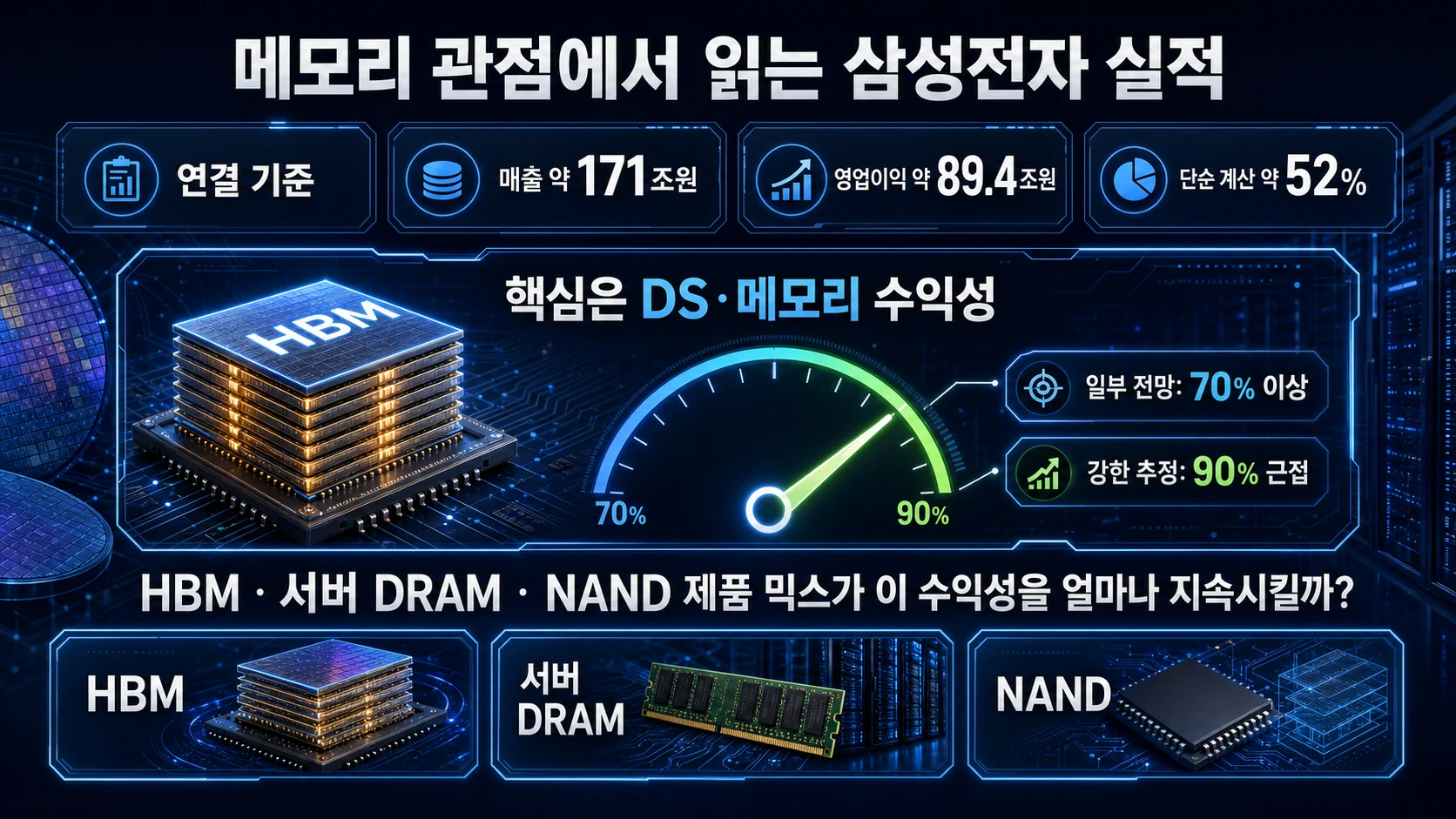 삼성전자 2026년 2분기 잠정실적 기준 매출 약 171조원, 영업이익 약 89.4조원, 연결 기준 약 52%보다 DS 메모리 수익성 추정이 더 중요하다는 한글 인포그래픽