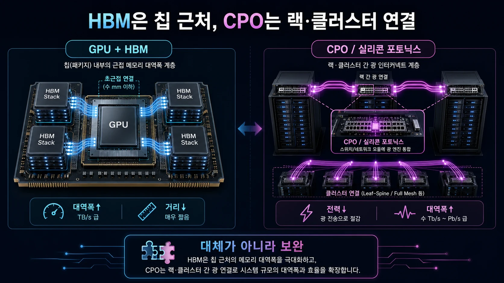HBM은 칩 근처 대역폭, CPO와 실리콘 포토닉스는 랙·클러스터 연결 대역폭을 담당한다는 한글 도식