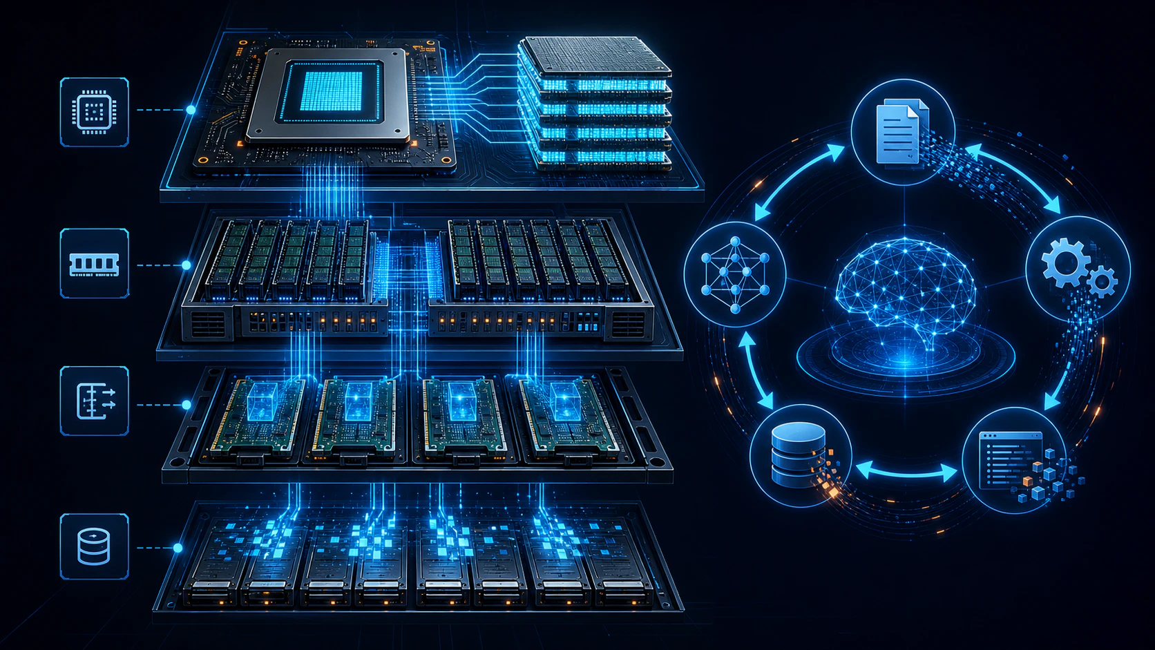 GPU 가까운 HBM부터 서버 D램, CXL 확장 메모리, NVMe SSD까지 이어지는 AI 메모리 계층 일러스트